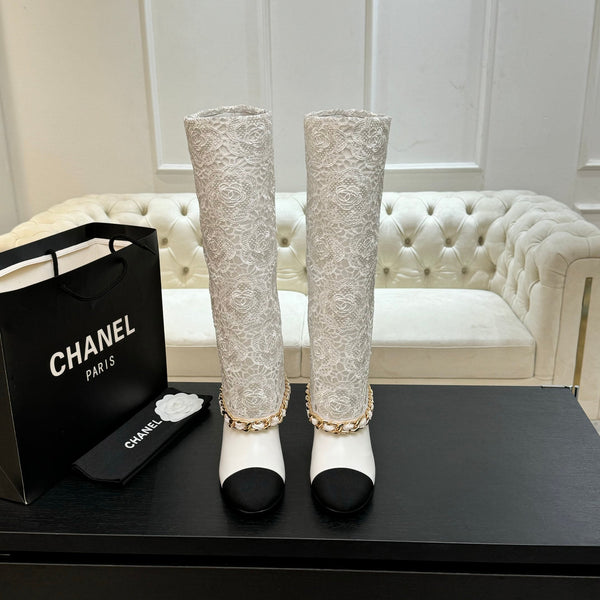 CC 25B High Boots White Lace With Chain Black Grosgrain 373805