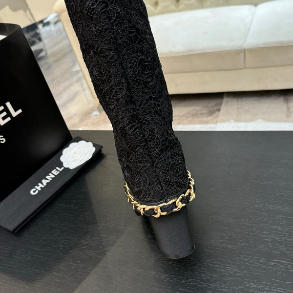 CC 25B High Boots Black Lace With Chain And Grosgrain 373806