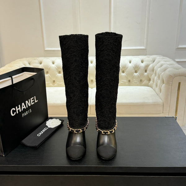 CC 25B High Boots Black Lace With Chain And Grosgrain 373806