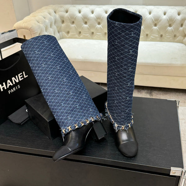 CC 25B High Boots Navy Blue Denim With Chain Black Grosgrain 373807
