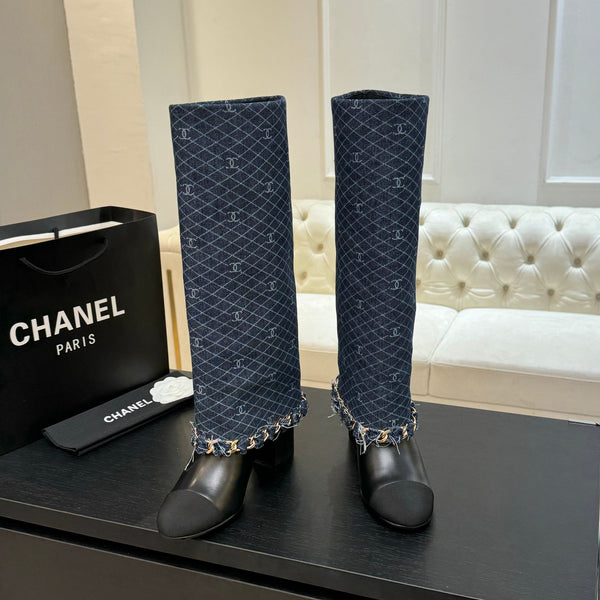 CC 25B High Boots Navy Blue Denim With Chain Black Grosgrain 373807