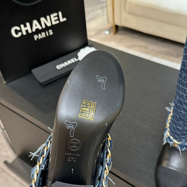 CC 25B High Boots Navy Blue Denim With Chain Black Grosgrain 373807