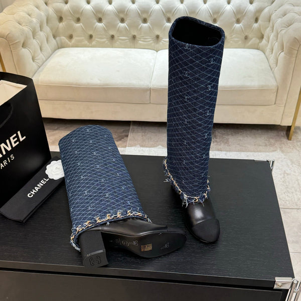 CC 25B High Boots Navy Blue Denim With Chain Black Grosgrain 373807