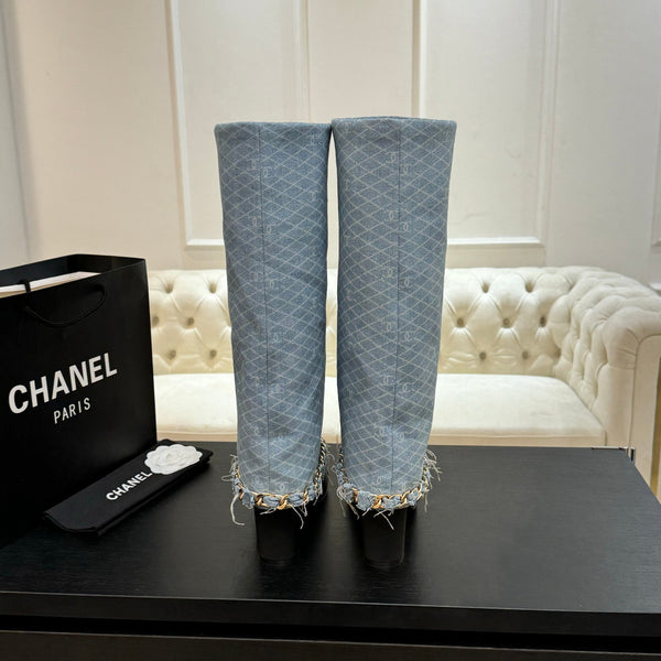CC 25B High Boots Light Blue Denim With Chain Black Grosgrain 373808
