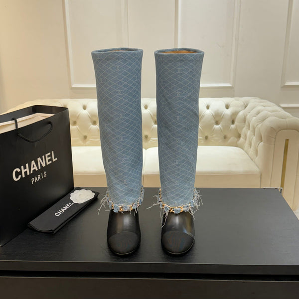 CC 25B High Boots Light Blue Denim With Chain Black Grosgrain 373808