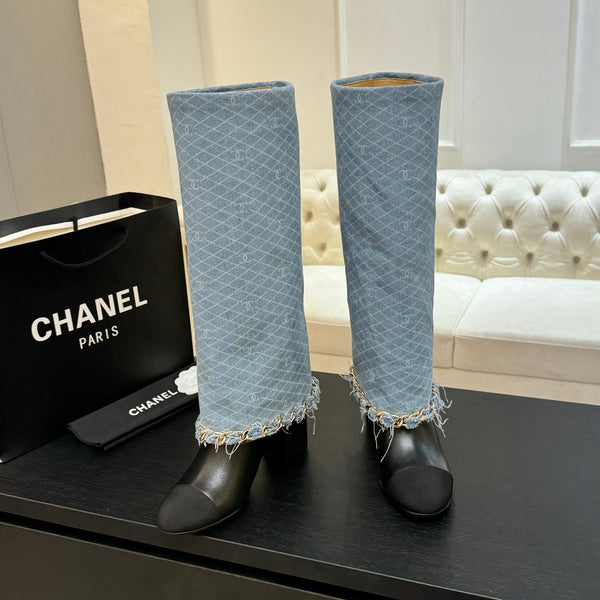 CC 25B High Boots Light Blue Denim With Chain Black Grosgrain 373808