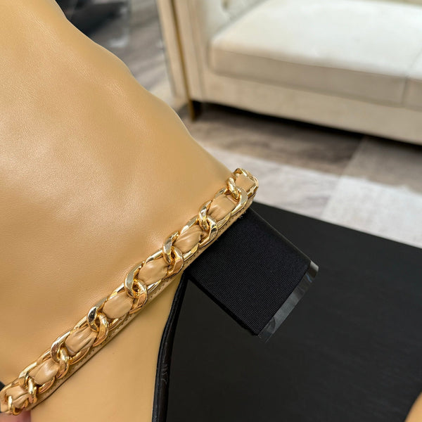 CC 25B High Boots Beige Sheepskin With Chain Black Grosgrain 373809