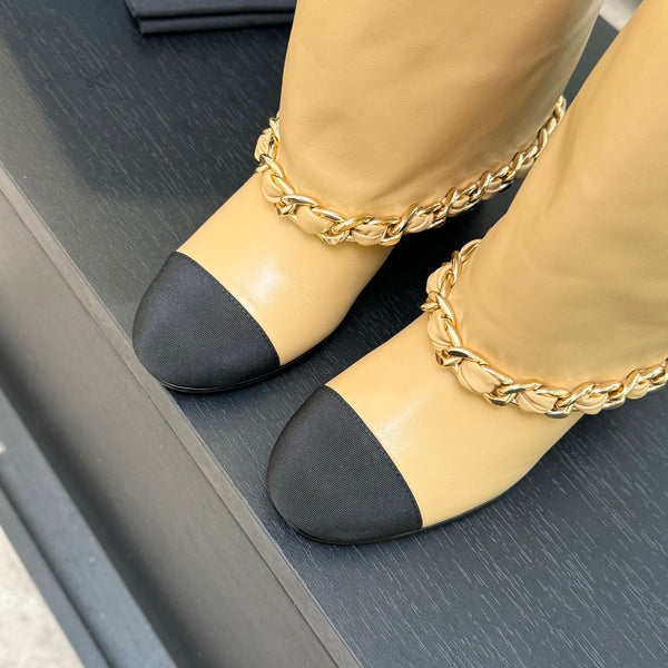 CC 25B High Boots Beige Sheepskin With Chain Black Grosgrain 373809