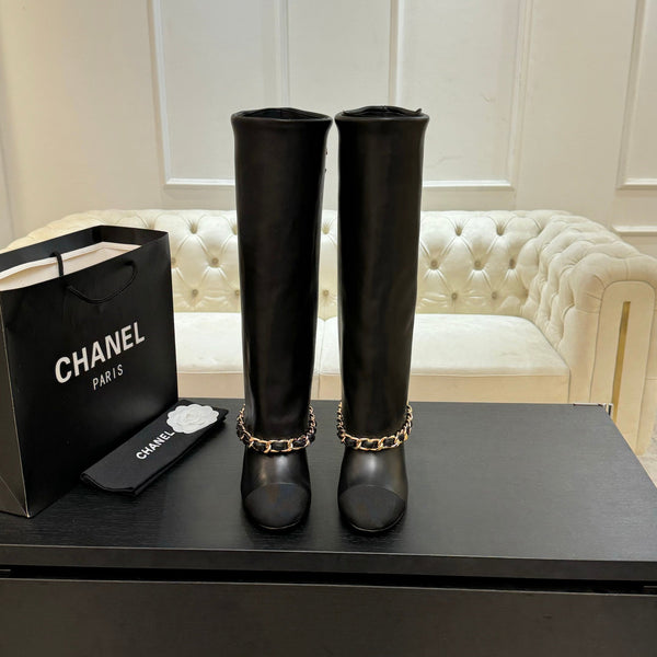 CC 25B High Boots Black Sheepskin With Chain Black Grosgrain 373810