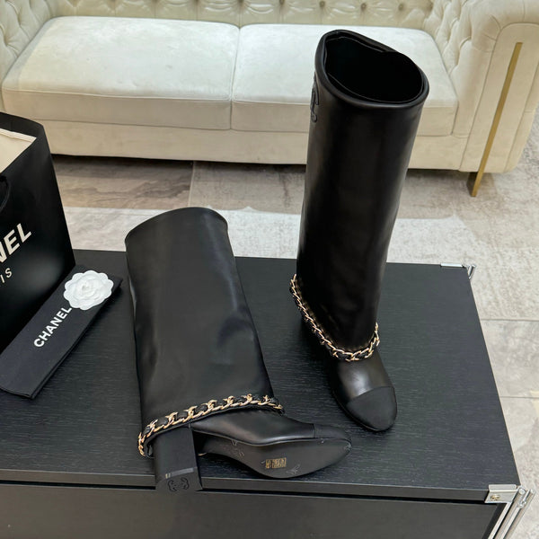 CC 25B High Boots Black Sheepskin With Chain Black Grosgrain 373810