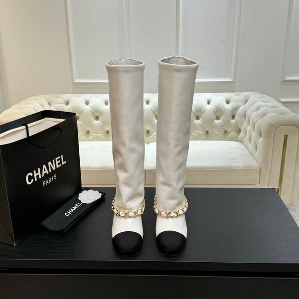 CC 25B High Boots White Sheepskin With Chain Black Grosgrain 373811