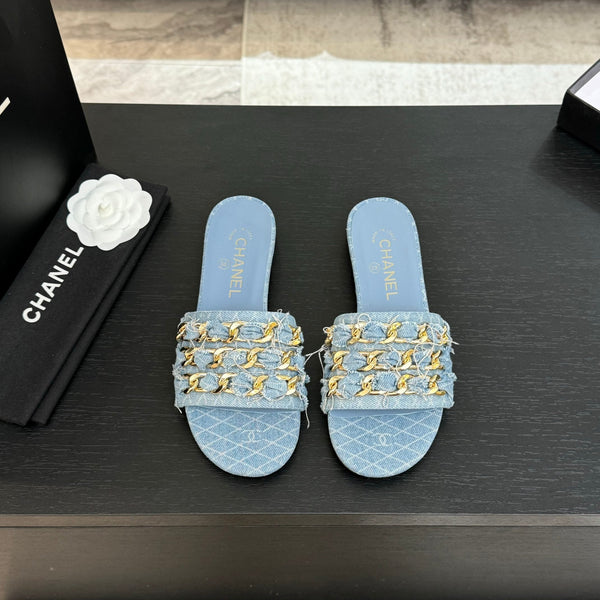 CC 25B Flat Mule Sandals Light Blue Denim With Chain 373813
