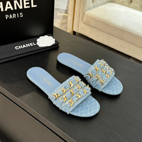 CC 25B Flat Mule Sandals Light Blue Denim With Chain 373813