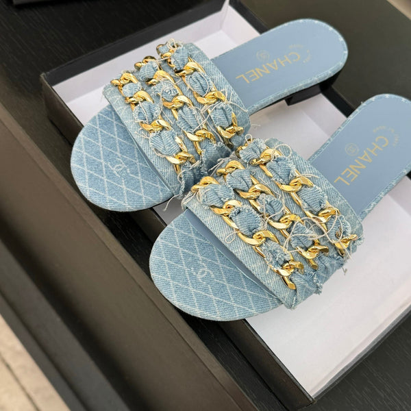 CC 25B Flat Mule Sandals Light Blue Denim With Chain 373813