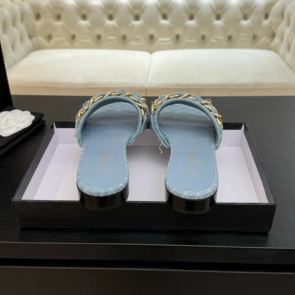CC 25B Flat Mule Sandals Light Blue Denim With Chain 373813