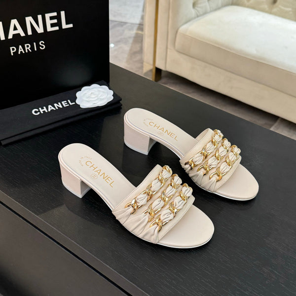 CC 25B Heel Mule Sandals 50mm Ivory Sheepskin With Chain 373817
