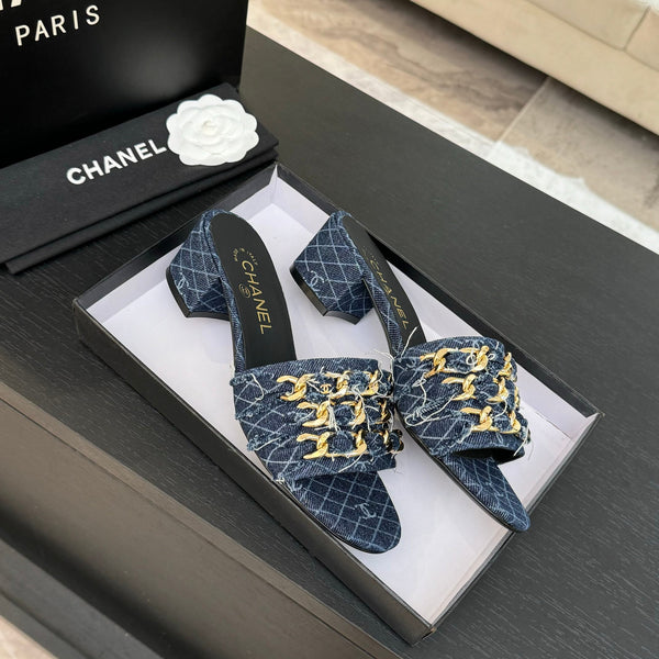 CC 25B Heel Mule Sandals 50mm Navy Blue Denim With Chain 373821