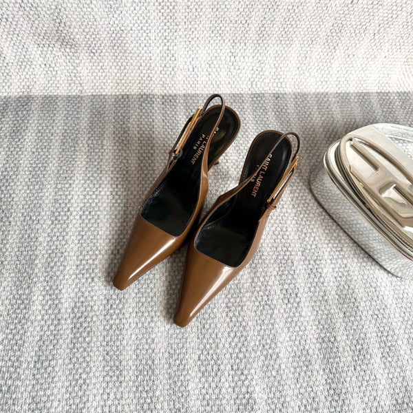 LEE SLINGBACK PUMPS 105 IN BROWN PATENT LEATHER GOLD HEEL