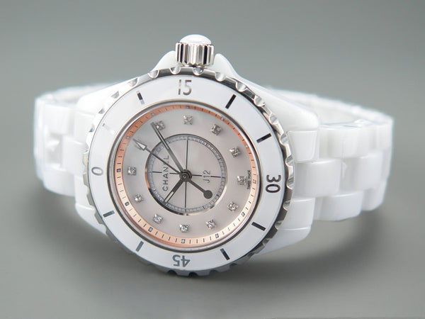 J12 33mm Quartz White Ceramic Diamond Numerals Pink Mop Dial