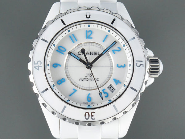 J12 Date Automatic White Ceramic Blue Numerals White Dial