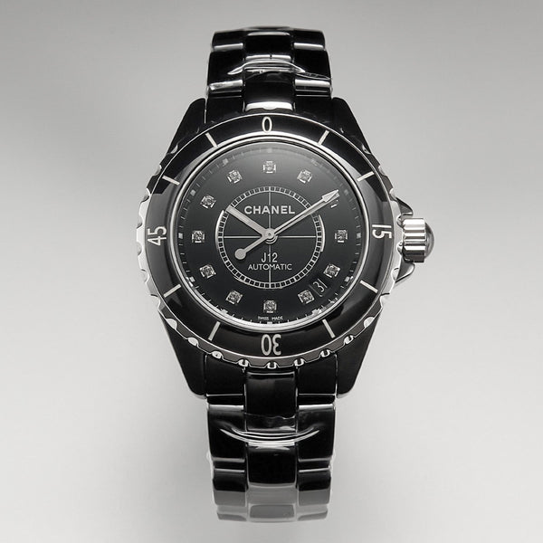 J12 Date Automatic Black Ceramic Diamond Numerals Black Dial White Steel Hands
