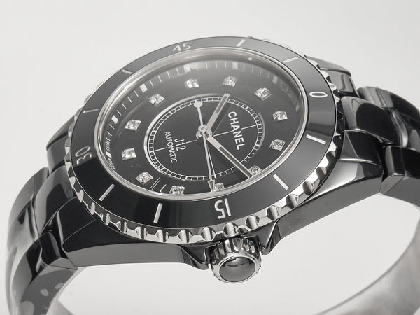 J12 Date Automatic Black Ceramic Diamond Numerals Black Dial Black Steel Hands