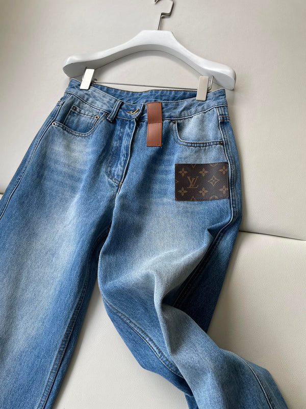 LV Flower Leather Label Straight Jeans Blue Cotton