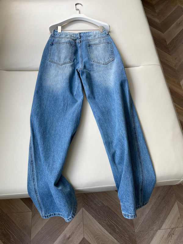LV Flower Leather Label Straight Jeans Blue Cotton