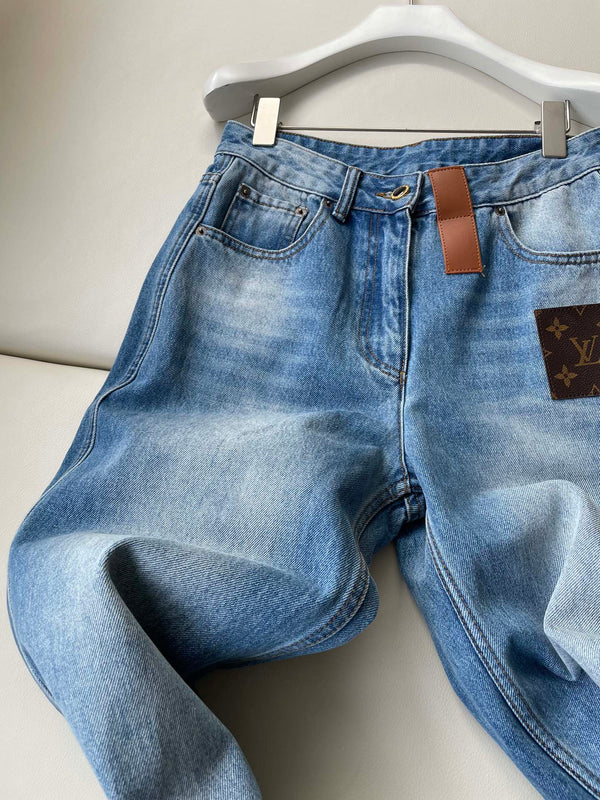 LV Flower Leather Label Straight Jeans Blue Cotton