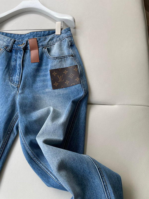 LV Flower Leather Label Straight Jeans Blue Cotton