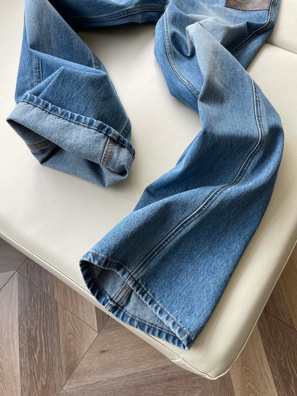 LV Flower Leather Label Straight Jeans Blue Cotton