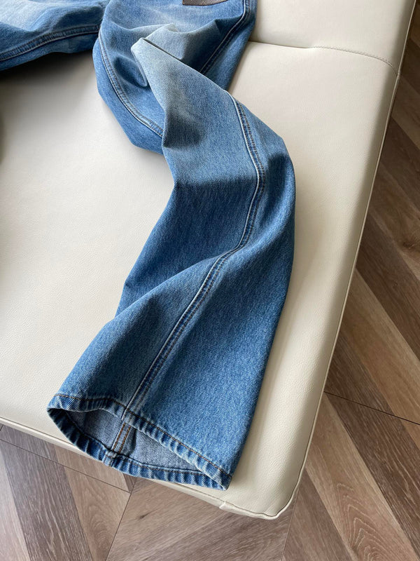 LV Flower Leather Label Straight Jeans Blue Cotton