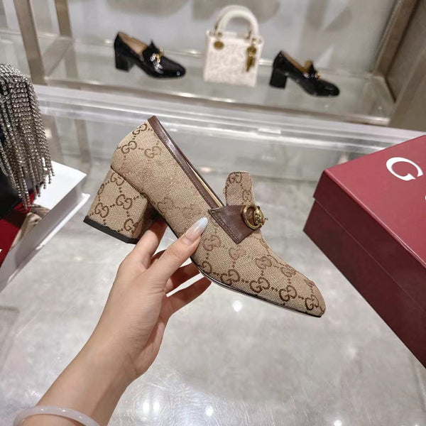 GG Women's Loafer Pump 55mm Horsebit Beige Canvas 502604