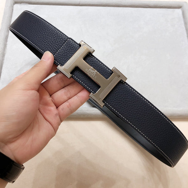 HM H D'ANCRE BELT BUCKLE & REVERSIBLE BLACK LEATHER STRAP 38 MM GREY SILVER HARDWARE