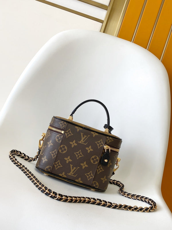 LV M47128 Vanity PM 13 cm con catena in tela monogramma marrone e pelle di caftano GHW