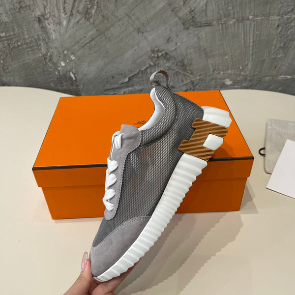 Sneakers HM Bouncing 35 in rete grigia, tela trasparente e pelle scamosciata di capra H, nero, marrone chiaro