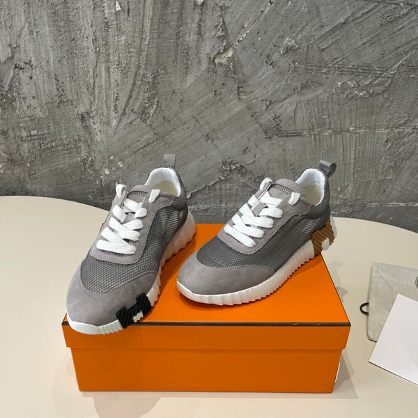 Sneakers HM Bouncing 35 in rete grigia, tela trasparente e pelle scamosciata di capra H, nero, marrone chiaro