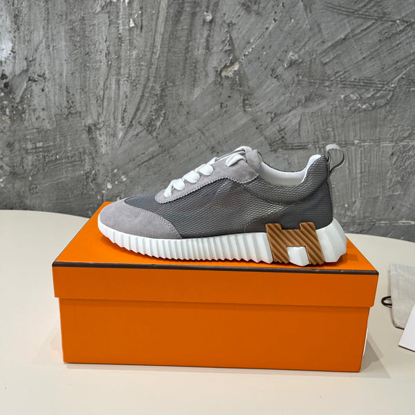 Sneakers HM Bouncing 35 in rete grigia, tela trasparente e pelle scamosciata di capra H, nero, marrone chiaro