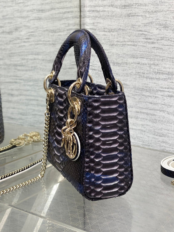 MINI 17 BORSA DA DONNA IN PELLE DI AGNELLO CON MOTIVO SERPENTE NERO E BLU NAVY