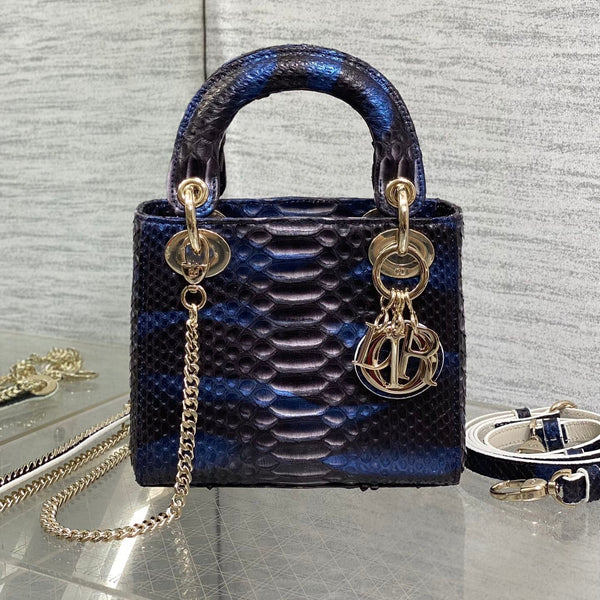 MINI 17 BORSA DA DONNA IN PELLE DI AGNELLO CON MOTIVO SERPENTE NERO E BLU NAVY