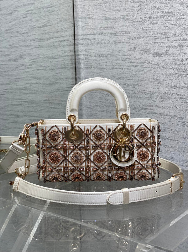 MINI 22 LADY BAG IN WHITE SATIN WITH COLORFUL EMBROIDERED BEADWORK