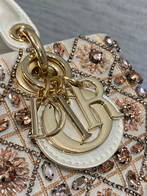 MINI 22 LADY BAG IN WHITE SATIN WITH COLORFUL EMBROIDERED BEADWORK