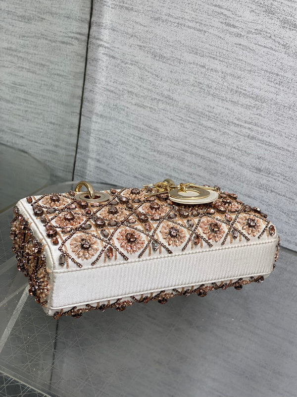 MINI 22 LADY BAG IN WHITE SATIN WITH COLORFUL EMBROIDERED BEADWORK