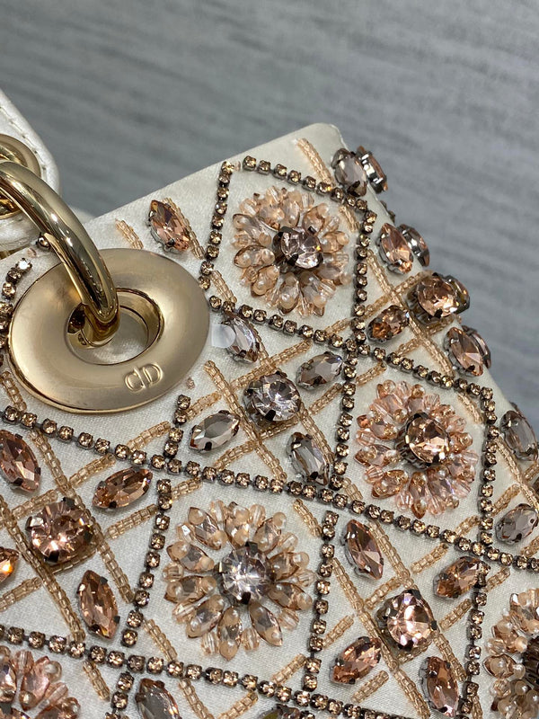 MINI 22 LADY BAG IN WHITE SATIN WITH COLORFUL EMBROIDERED BEADWORK