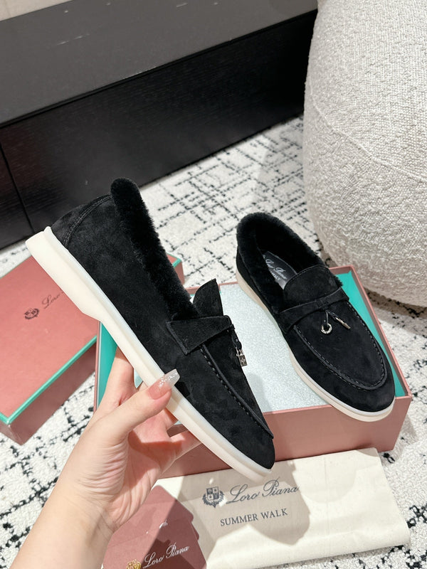 LP Summer Charms Walk Loafers In Black Suede With Rabbit Fur Lining 985641
