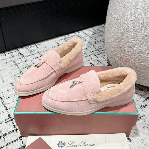 LP Summer Charms Walk Loafers In Light Pink Mix Beige Suede With Rabbit Fur Lining 985642