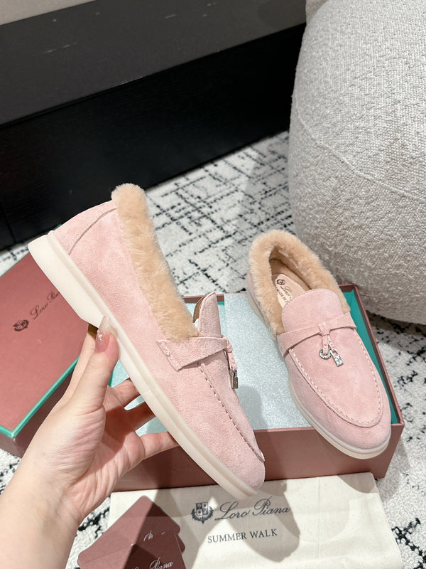 LP Summer Charms Walk Loafers In Light Pink Mix Beige Suede With Rabbit Fur Lining 985642