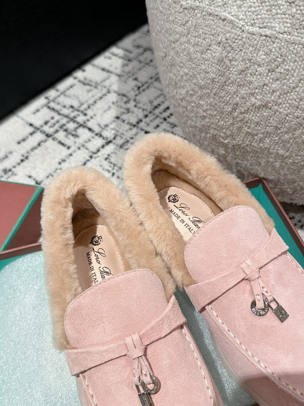 LP Summer Charms Walk Loafers In Light Pink Mix Beige Suede With Rabbit Fur Lining 985642