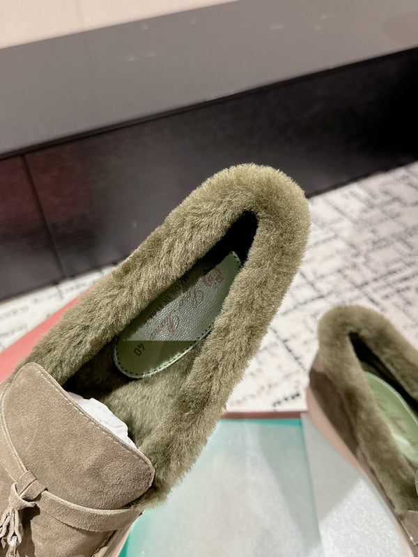 LP Summer Charms Walk Loafers In Light Brown Grey Mix Green Khaki Suede With Rabbit Fur Lining 985646