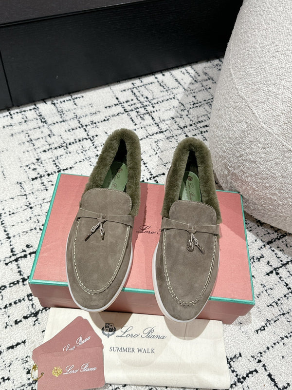 LP Summer Charms Walk Loafers In Light Brown Grey Mix Green Khaki Suede With Rabbit Fur Lining 985646